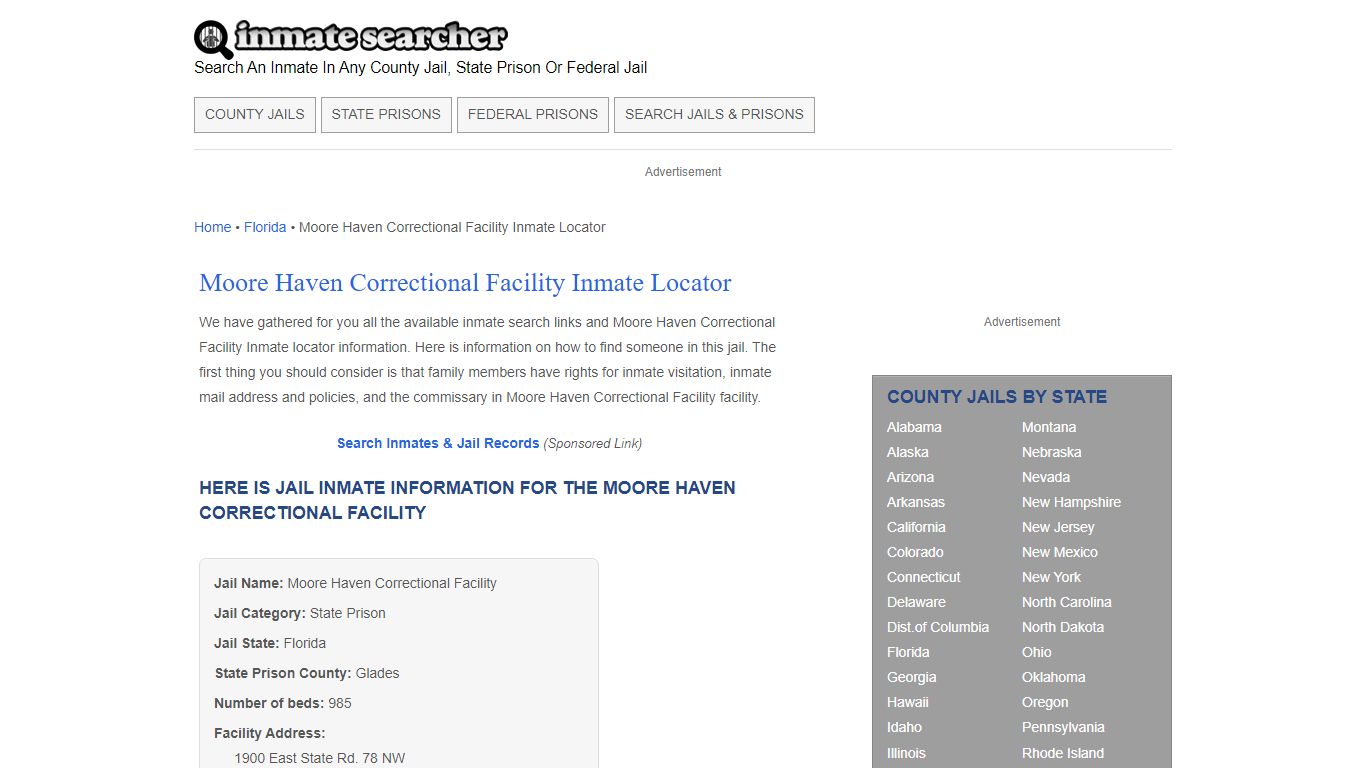 Moore Haven Correctional Facility Inmate Locator - Inmate Searcher