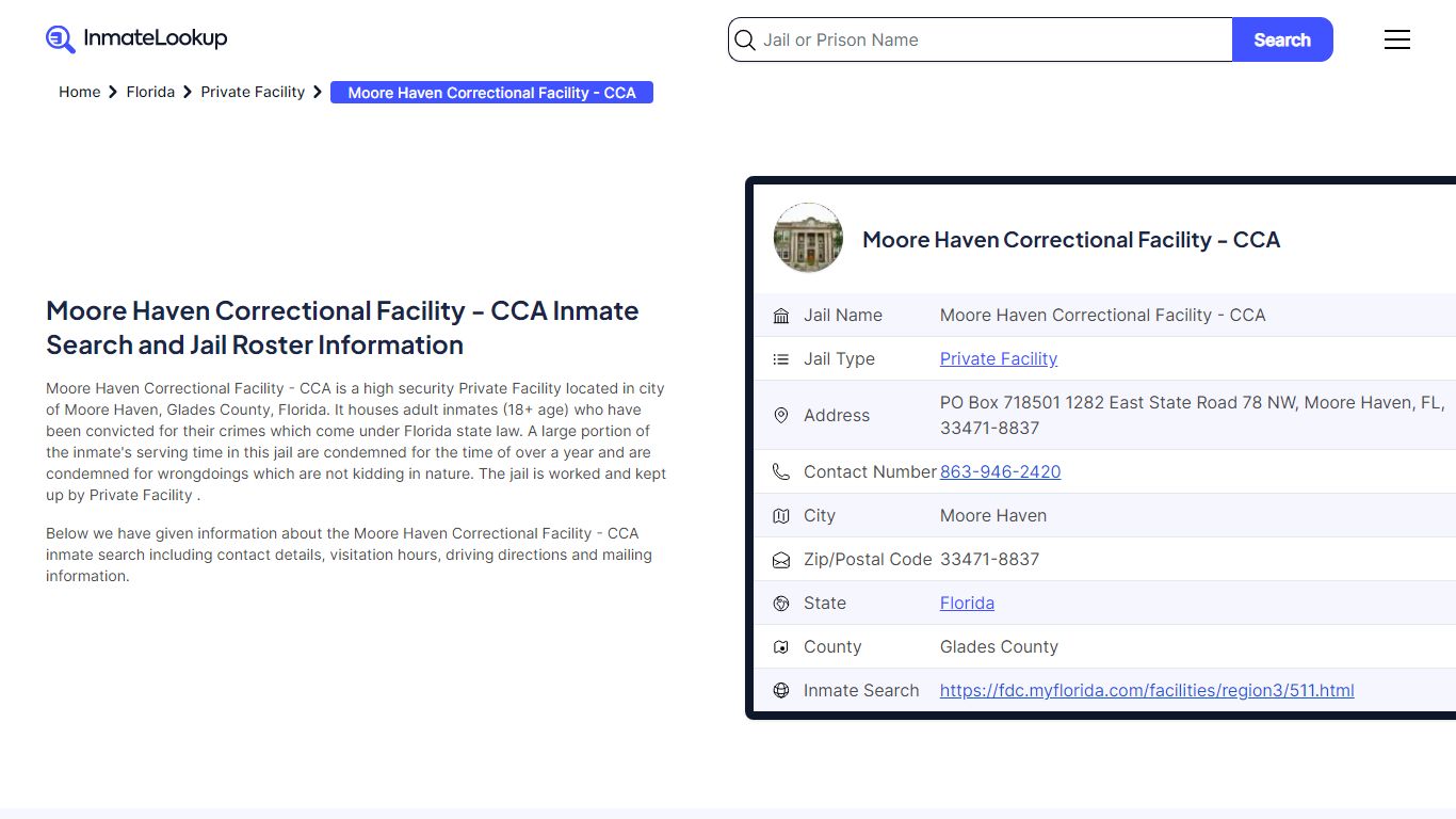 Moore Haven Correctional Facility - CCA Inmate Search, Jail Roster ...