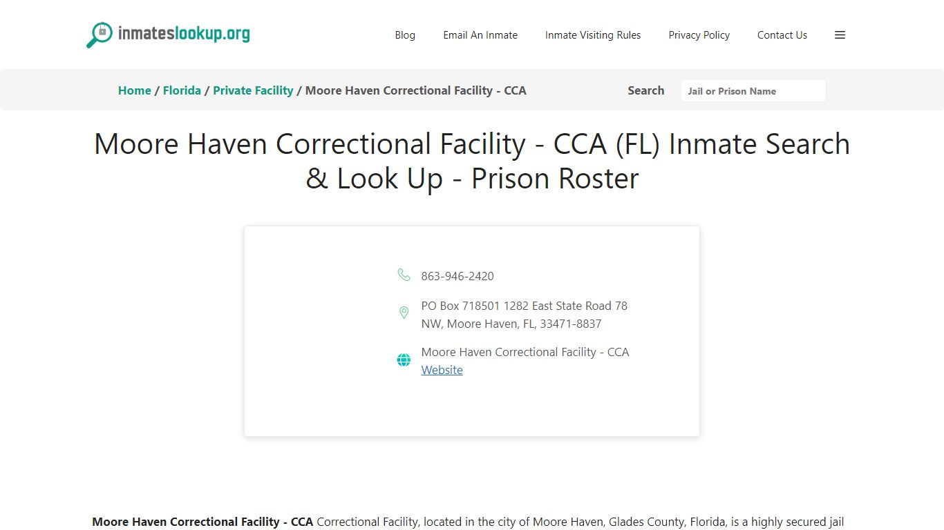 Moore Haven Correctional Facility - CCA (FL) Inmate Search & Look Up ...